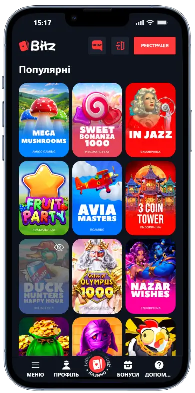 Мобільна сторінка Bitz Casino з сіткою популярних ігрових автоматів: Mega Mushrooms, Sweet Bonanza 1000, In Jazz, Fruit Party, Avia Masters, 3 Coin Tower, Duck Hunters Happy Hour, Gates of Olympus 1000, Nazar Wishes